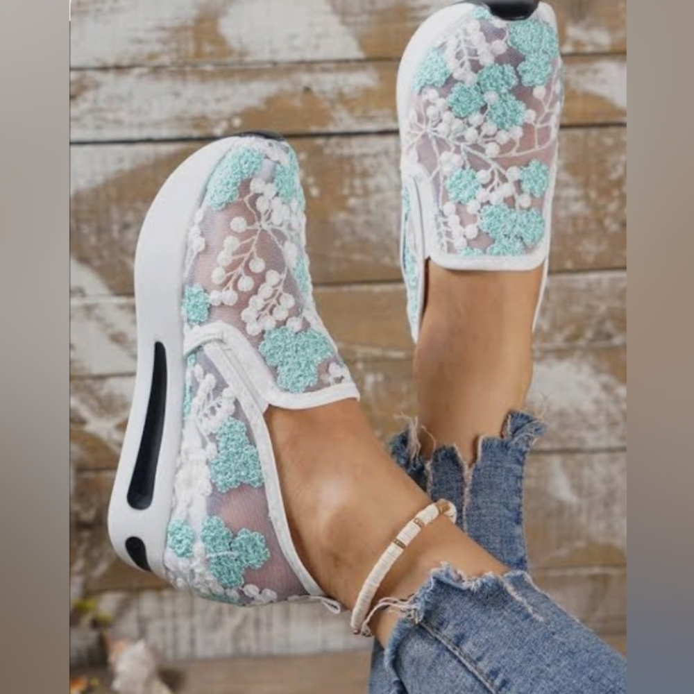 Elegant Mint and White Lace Slip-on Sneakers - Picture 15 of 16